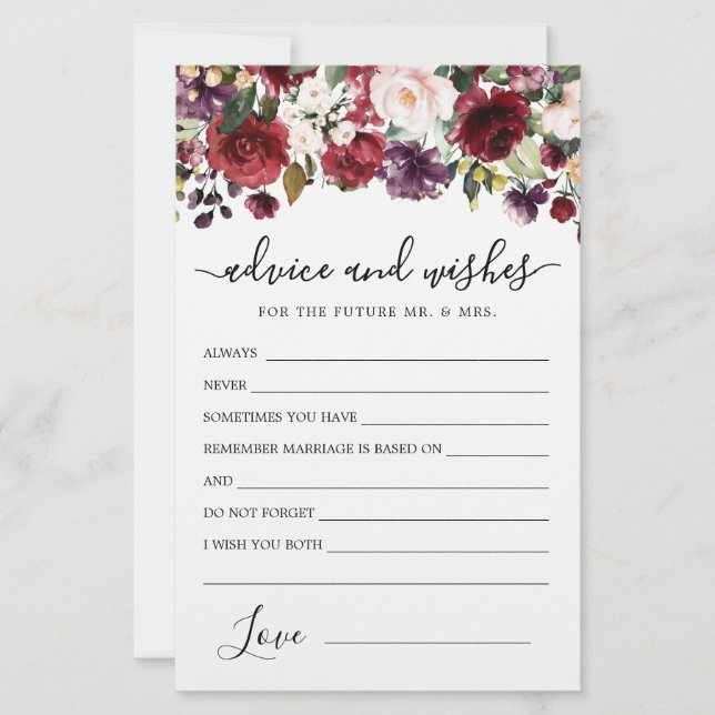 Burgundy Red Rose Floral Advice and Wishes Card (Front)