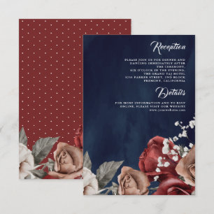Burgundy Red Rose Floral Navy Blue Wedding Details Enclosure Card