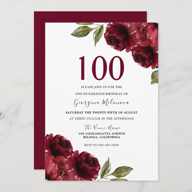 Burgundy Red Rose Floral Womans 100th Birthday Invitation (Front/Back)