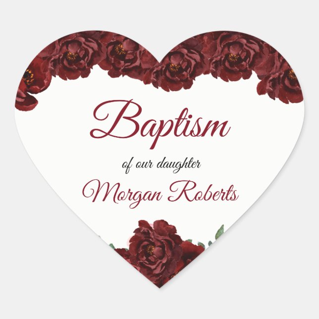 Burgundy Red Rose Flowers Baby Girl Baptism Heart Sticker (Front)