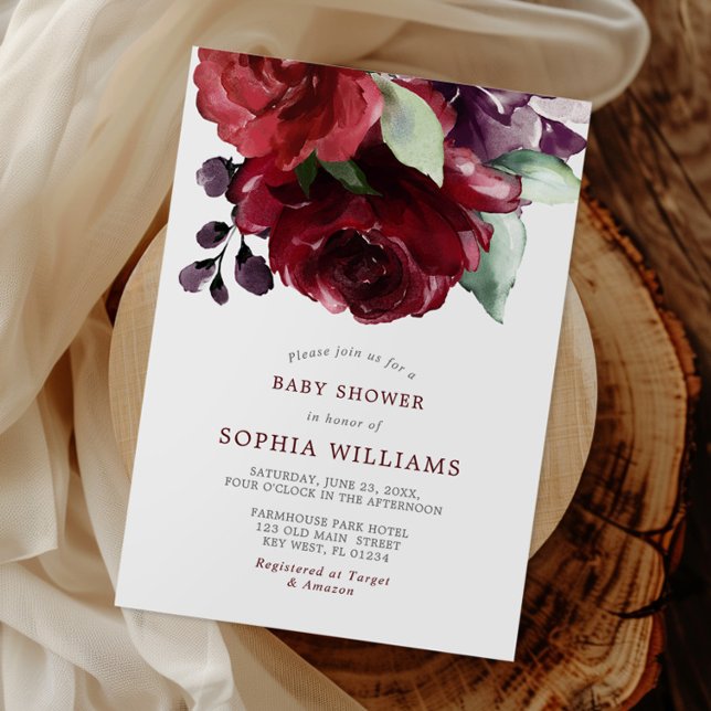 Burgundy Red Rose Flowers Baby Shower Invitation (Creator Uploaded)