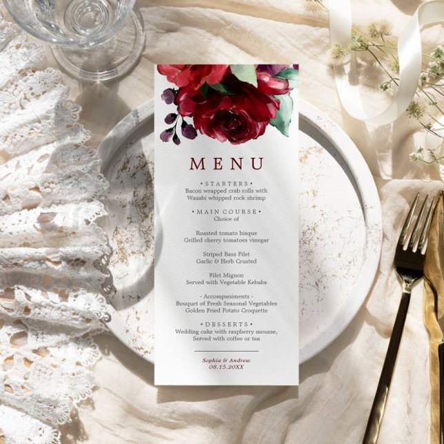 Burgundy Red Rose Flowers Wedding Menu (Creator Uploaded)