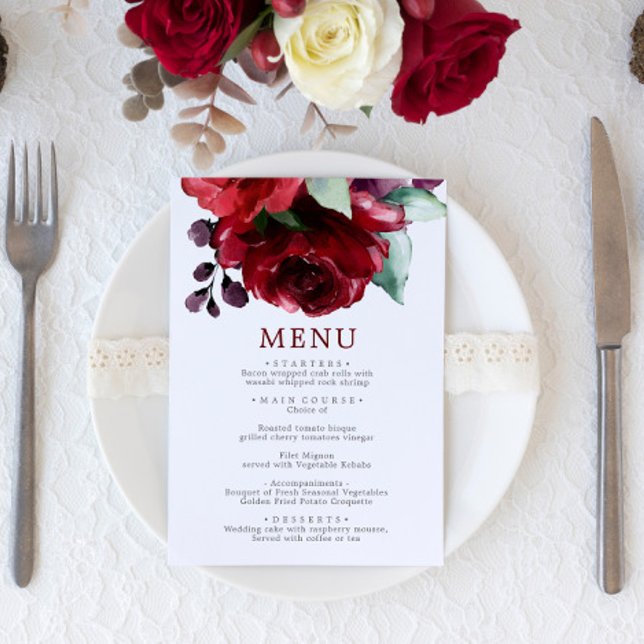 Burgundy Red Rose Flowers Wedding Menu (Creator Uploaded)