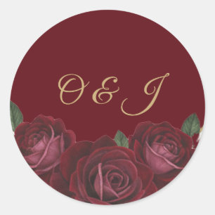 Burgundy Red Rose Gold Script Monogram Wedding  Classic Round Sticker