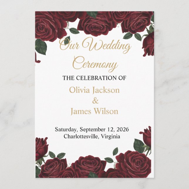 Burgundy Red Rose Gold Script Moody Dark Romance  Programme (Front)