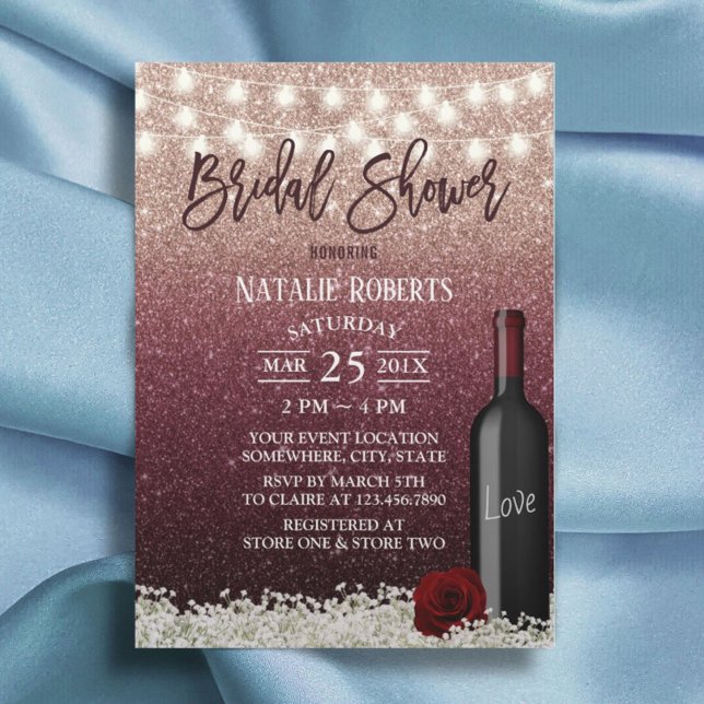 Burgundy Red Rose Gold Wine Bottle Bridal Shower Invitation (Creator Uploaded)