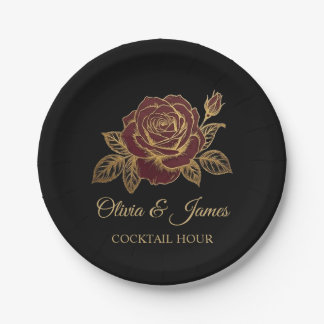 Burgundy Red Rose Moody Dark Romance Wedding Paper Plate