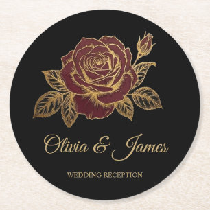 Burgundy Red Rose Moody Dark Romance Wedding Round Paper Coaster