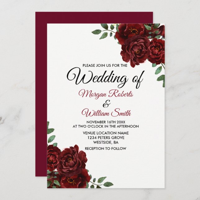 Burgundy Red Rose Romantic Wedding Invitation (Front/Back)