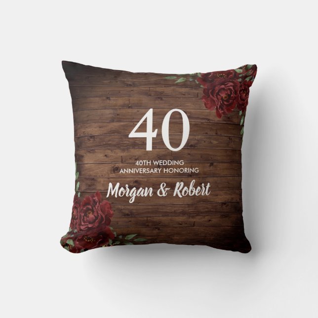 Burgundy Red Rose Rustic 40th Wedding Anniversary Cushion (Front)