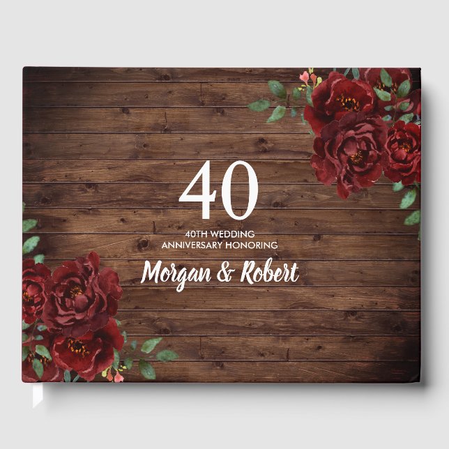 Burgundy Red Rose Rustic 40th Wedding Anniversary Guest Book (Front)