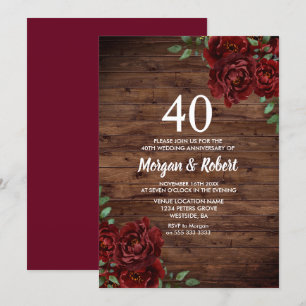 Burgundy Red Rose Rustic 40th Wedding Anniversary Invitation