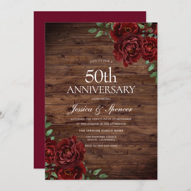 Burgundy Red Rose Rustic 50th Wedding Anniversary Invitation (Front/Back)