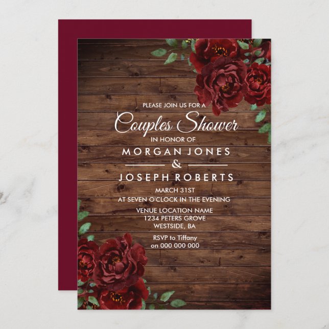 Burgundy Red Rose Rustic Couples Shower Invitation (Front/Back)