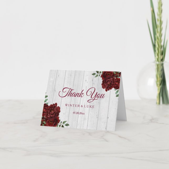 Burgundy Red Rose Rustic Wedding Thank You Card (Front)