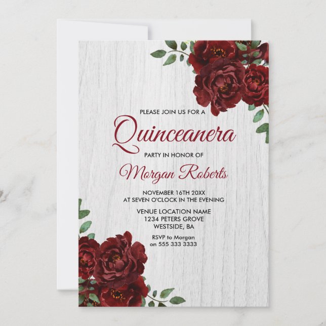 Burgundy Red Rose Rustic White Quinceanera Invite (Front)