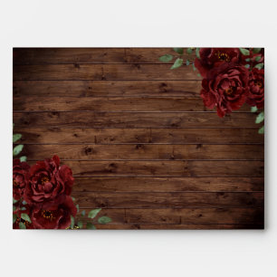 Burgundy Red Rose Rustic Wood Wedding Envelope