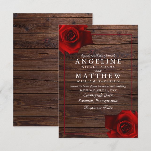 Burgundy Red Rose Rustic Wood Wedding Invitation (Front/Back)
