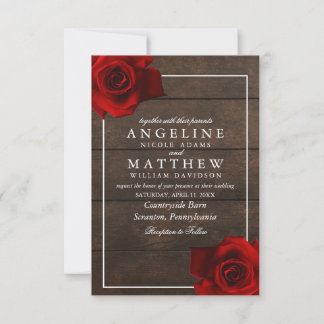 Burgundy Red Rose Rustic Wood Wedding Invitation