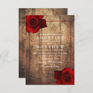 Burgundy Red Rose Rustic Wood Wedding Invitation