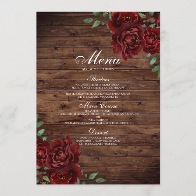 Burgundy Red Rose Rustic Wood Wedding Menu (Front)
