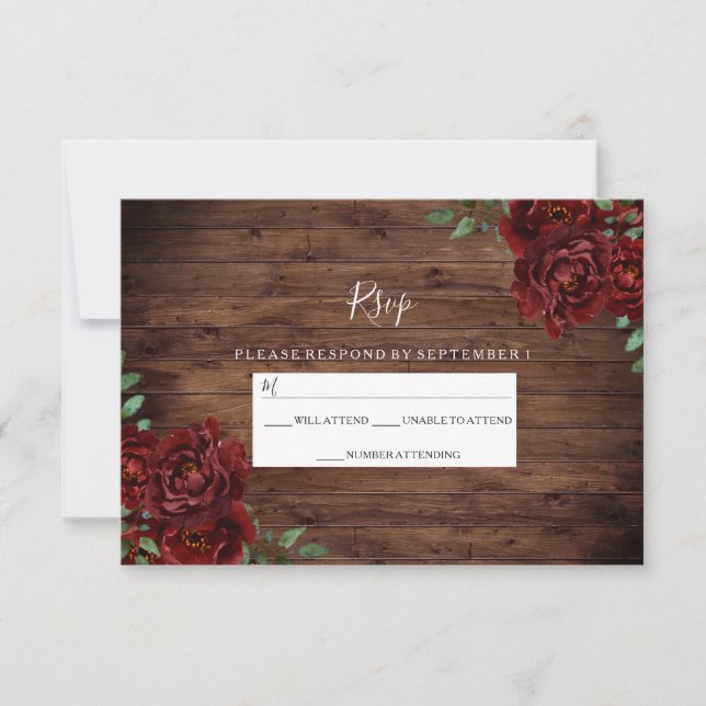 Burgundy Red Rose Rustic Wood Wedding RSVP Card (Front)
