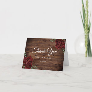 Burgundy Red Rose Rustic Wood Wedding Thank You