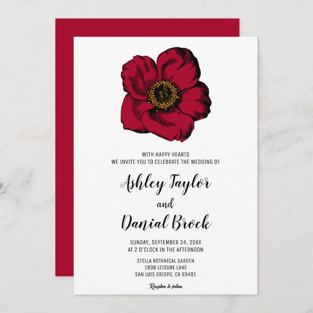 Burgundy red rose simple script floral Wedding Invitation (Front/Back)