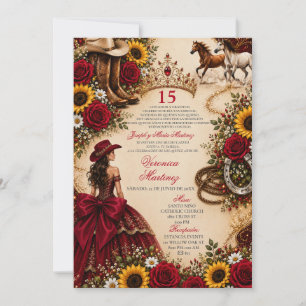 Burgundy Red Rose Sunflower Western Quinceañera  Invitation