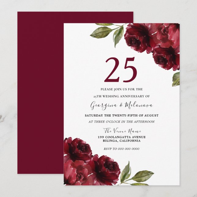 Burgundy Red Roses 25th Wedding Anniversary Invitation (Front/Back)