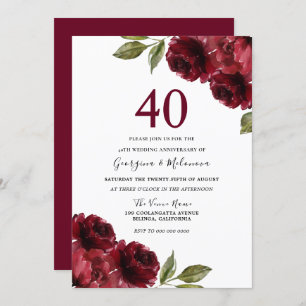 Burgundy Red Roses 40th Wedding Anniversary Invitation