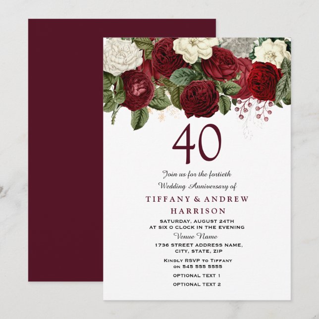 Burgundy Red Roses 40th Wedding Anniversary V2 Invitation (Front/Back)
