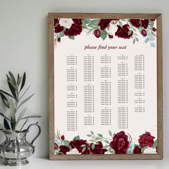 Burgundy Red Roses Alphabetical Seating Chart (Alphabetical Seating Chart with burgundy red rose borders. Available printed or printable download)