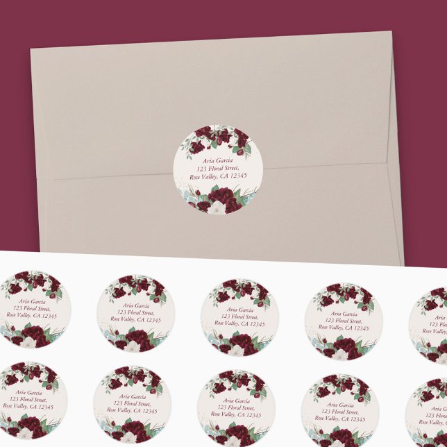Burgundy Red Roses and Eucalytus Name and Address Classic Round Sticker (Floral address labels with burgundy red and ivory roses from my Royal Roses collection)