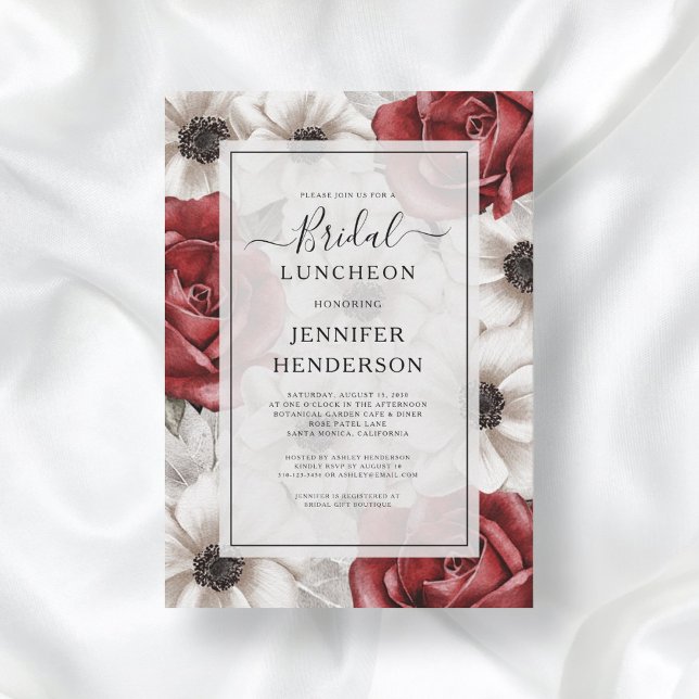 Burgundy Red Roses Anemone Floral Bridal Luncheon Invitation (Creator Uploaded)