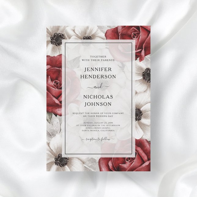 Burgundy Red Roses Anemone Floral Wedding Invitation (Creator Uploaded)