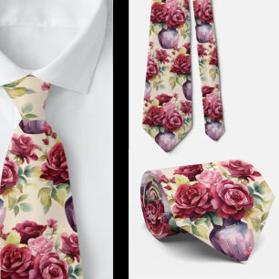 Burgundy Red Roses Blush Pink Watercolor Floral Tie