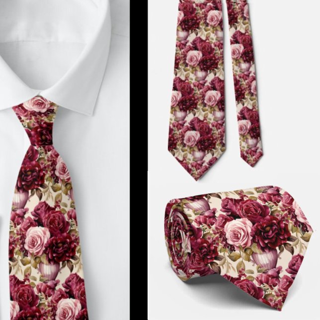 Burgundy Red Roses Blush Pink Watercolor Floral Tie (Creator Uploaded)