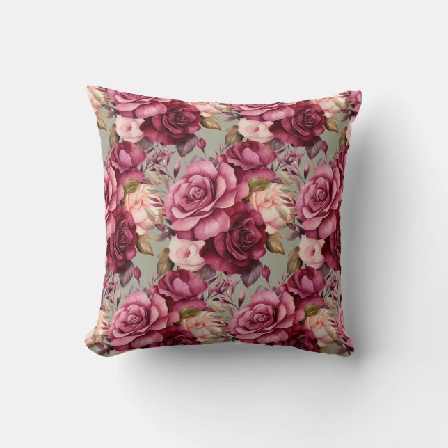 Burgundy Red Roses Classic Floral  Cushion (Front)