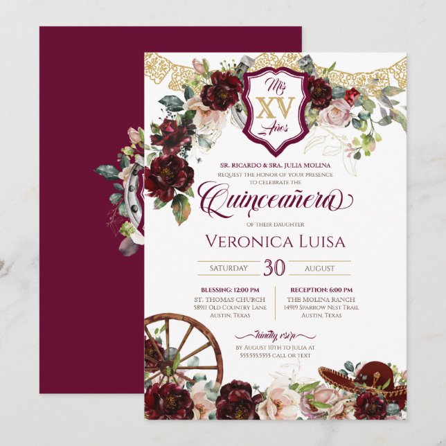Burgundy Red Roses Elegant Charro Quinceanera Invi Invitation (Front/Back)