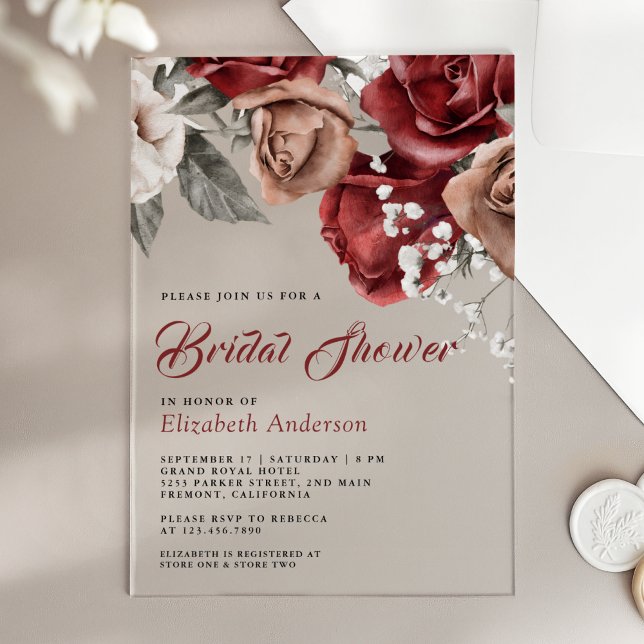 Burgundy Red Roses Floral Bridal Shower Acrylic Invitations (Creator Uploaded)
