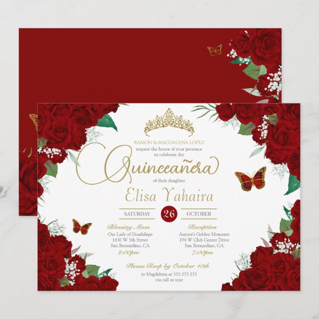 Burgundy Red Roses Floral Butterfly Quinceanera Invitation (Front/Back)