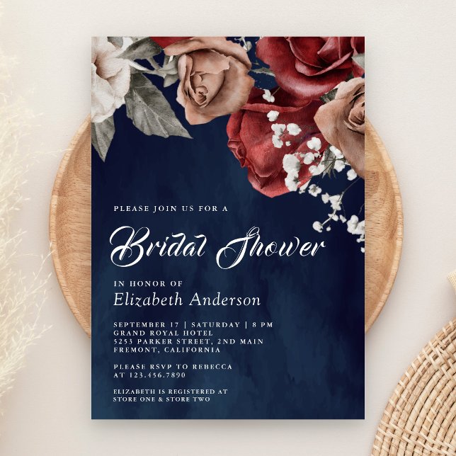 Burgundy Red Roses Floral Navy Blue Bridal Shower Invitation (Creator Uploaded)