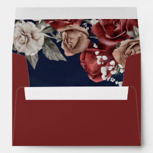 Burgundy Red Roses Floral Navy Blue Wedding Envelope