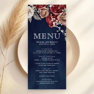 Burgundy Red Roses Floral Navy Blue Wedding Menu