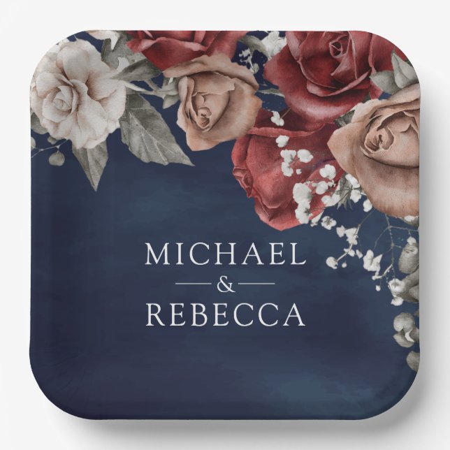 Burgundy Red Roses Floral Navy Blue Wedding Paper Plate (Front)