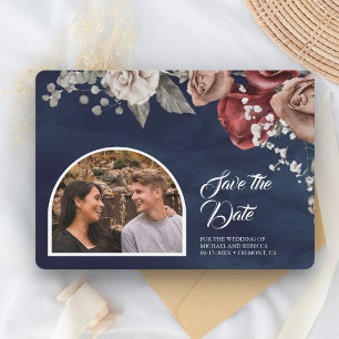 Burgundy Red Roses Floral Navy Blue Wedding Photo Save The Date