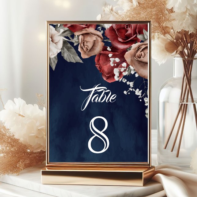 Burgundy Red Roses Floral Navy Blue Wedding Table Number (Creator Uploaded)