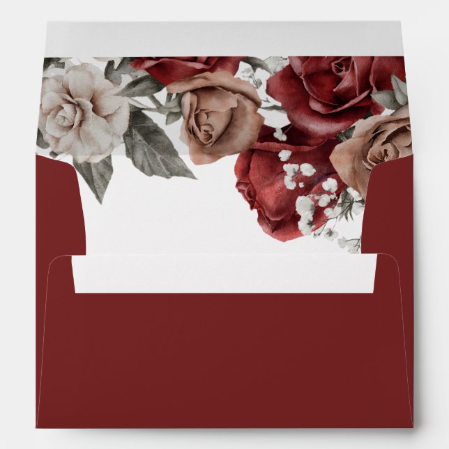Burgundy Red Roses Floral Wedding Envelope (Back (Bottom))