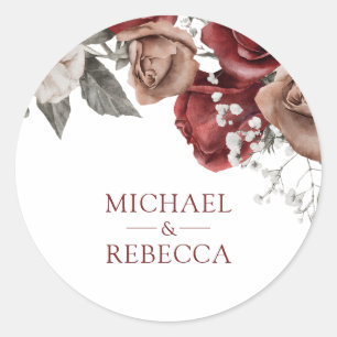 Burgundy Red Roses Floral Wedding Favour Classic Round Sticker